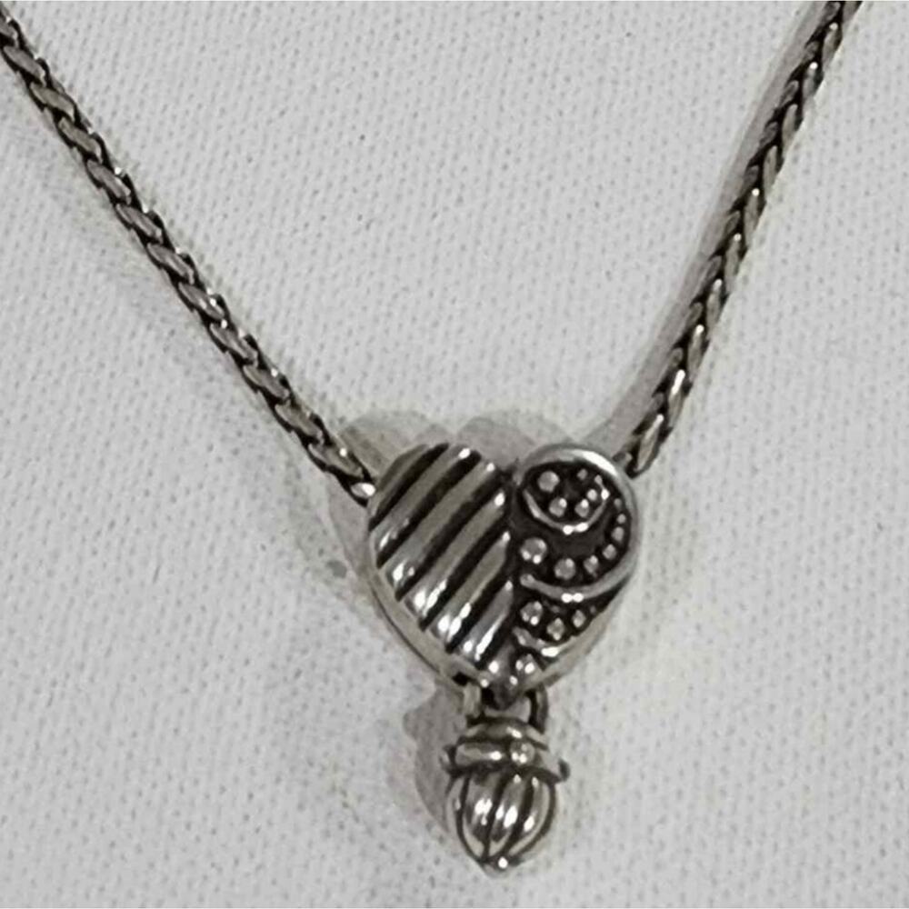 Brighton Silver Tone Heart Pendant Wheat Chain Necklace Adjustable 18-20in